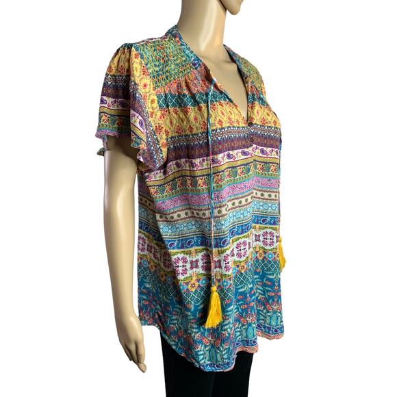 One World Women's XL Blouse Boho Metallic Threading Short Sleeve V Neck Tassels - Picture 9 of 12